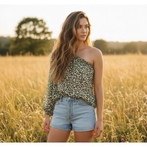 NEW Ro & De L Top Animal Print One Shoulder Green Beige Boho Festival Indie Edgy